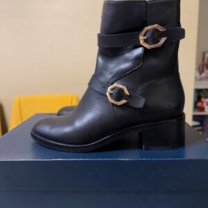 Cole Haan Black Leather Ankle Boots with Gold Buckles